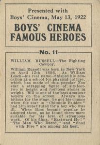 1922 Boys' Cinema Famous Heroes #11 William Russell Back