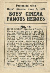 1922 Boys' Cinema Famous Heroes #14 Harry Carey Back