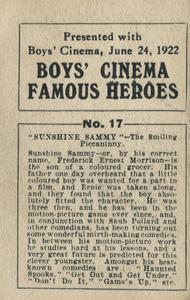 1922 Boys' Cinema Famous Heroes #17 Sunshine Sammy Back
