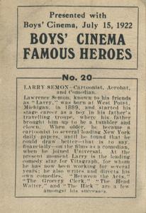 1922 Boys' Cinema Famous Heroes #20 Larry Semon Back