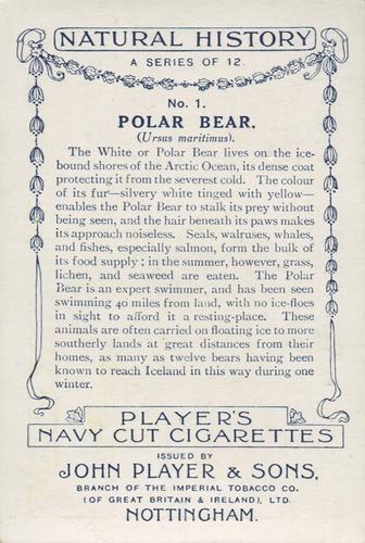 1924 Player's Natural History (Large 1st series) #1 Polar Bear Back