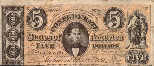 1962 Topps Civil War News - Confederate Currency #NNO $5 Bill Type Two Front