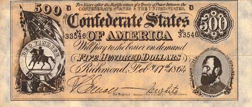 1962 Topps Civil War News - Confederate Currency #NNO $500 Bill Type One Front