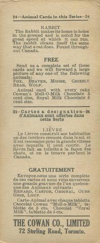 1920 Cowan’s Chocolates Animals (V2) #7 Rabbit Back