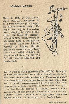 1959 Maple Leafs Gum Sax Set (V417) #2. JOHNNY MATHIS Back