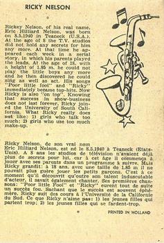1959 Maple Leafs Gum Sax Set (V417) #6. RICKY NELSON Back