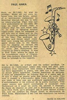 1959 Maple Leafs Gum Sax Set (V417) #35. PAUL ANKA Back