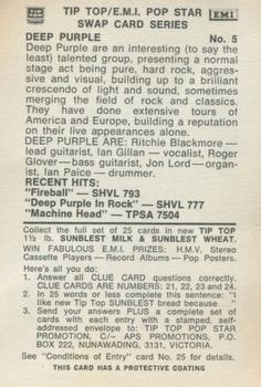 1972 Tip Top/EMI Pop Stars Series 2 #5 Deep Purple Back