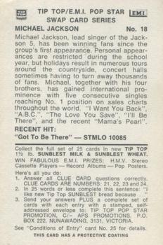 1972 Tip Top/EMI Pop Stars Series 2 #18 Michael Jackson Back
