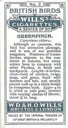 1915 Wills's British Birds #2 Greenfinch Back