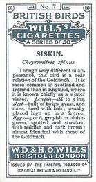 1915 Wills's British Birds #7 Siskin Back