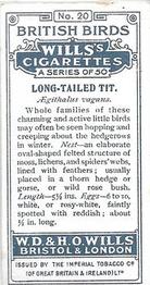 1915 Wills's British Birds #20 Long-Tailed Tit Back