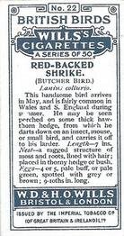 1915 Wills's British Birds #22 Red-Backed Shrike Back
