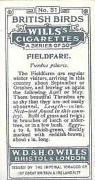 1915 Wills's British Birds #31 Fieldfare Back
