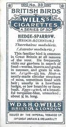 1915 Wills's British Birds #38 Hedge-Sparrow Back