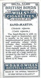 1915 Wills's British Birds #43 Sand-Martin Back