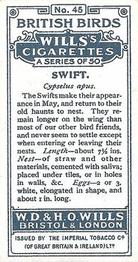 1915 Wills's British Birds #45 Swift Back