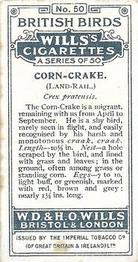 1915 Wills's British Birds #50 Corn-Crake Back