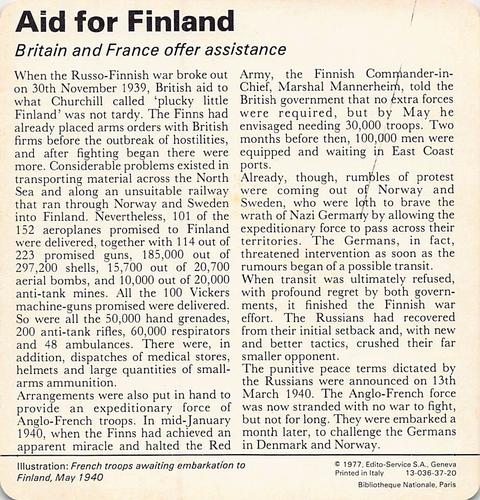 1977 Edito-Service World War II - Deck 37 #13-036-37-20 Aid for Finland Back