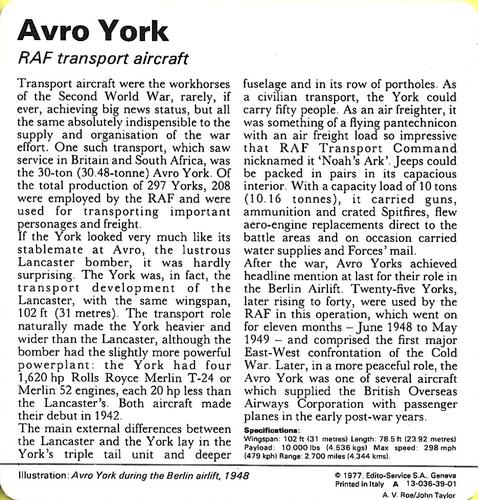1977 Edito-Service World War II - Deck 39 #13-036-39-01 Avro York Back