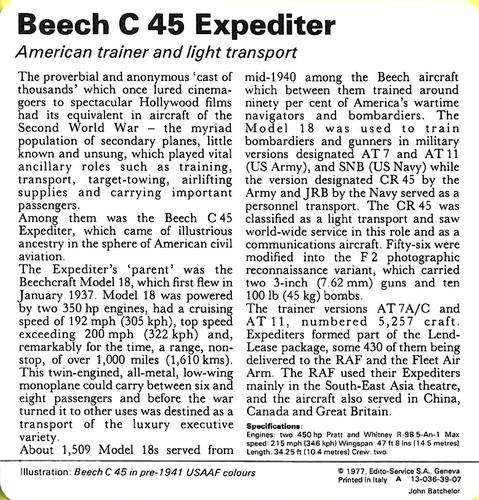 1977 Edito-Service World War II - Deck 39 #13-036-39-07 Beech C 45 Expediter Back