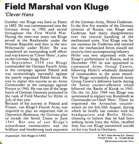 1977 Edito-Service World War II - Deck 39 #13-036-39-09 Field Marshal von Kluge Back