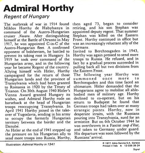 1977 Edito-Service World War II - Deck 39 #13-036-39-24 Admiral Horthy Back