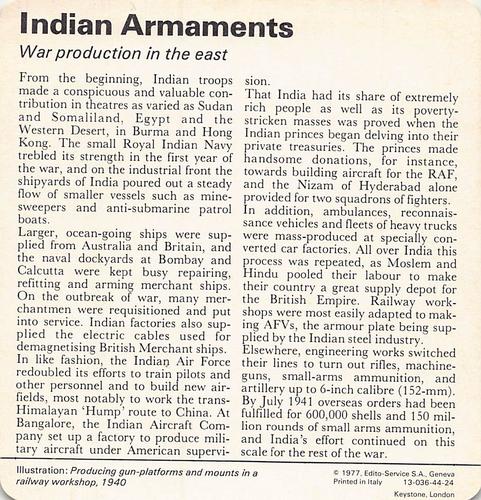 1977 Edito-Service World War II - Deck 44 #13-036-44-24 Indian Armaments Back