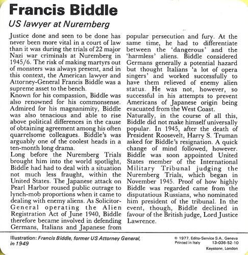 1977 Edito-Service World War II - Deck 52 #13-036-52-10 Francis Biddle Back
