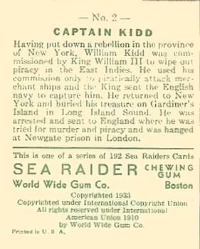 1933 World Wide Gum Sea Raiders (U.S. Version) (R124)  #2 Captain Kidd Back