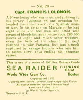 1933 World Wide Gum Sea Raiders (U.S. Version) (R124)  #20 Captain Francis Lolonois Back