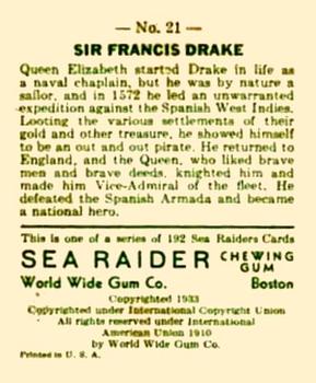 1933 World Wide Gum Sea Raiders (U.S. Version) (R124)  #21 Sir Francis Drake Back