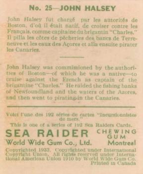 1933 World Wide Gum Sea Raiders (Canadian Version / English & French) (V359-2) #25 John Halsey Back