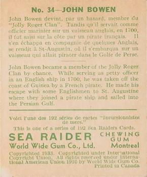 1933 World Wide Gum Sea Raiders (Canadian Version / English & French) (V359-2) #34 John Bowen Back