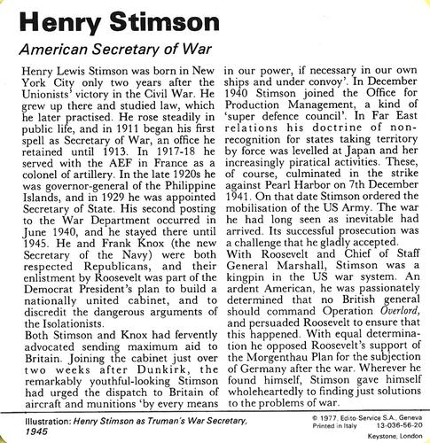 1977 Edito-Service World War II - Deck 56 #13-036-56-20 Henry Stimson Back
