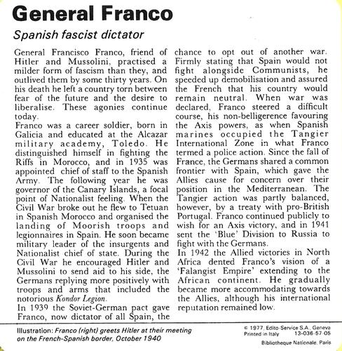 1977 Edito-Service World War II - Deck 57 #13-036-57-05 General Franco Back