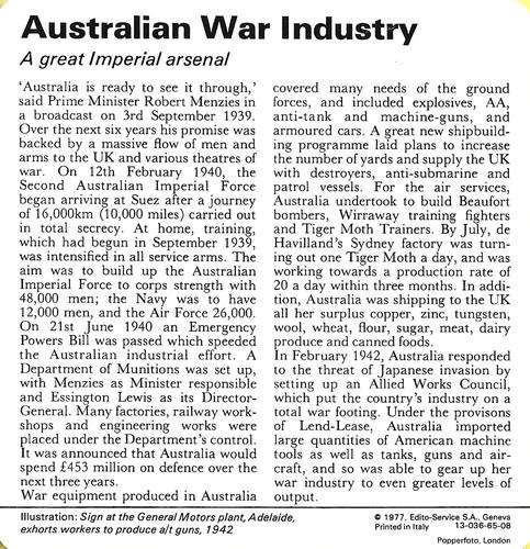 1977 Edito-Service World War II - Deck 65 #13-036-65-08 Australian War Industry Back