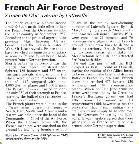 1977 Edito-Service World War II - Deck 65 #13-036-65-12 French Air Force Destroyed Back