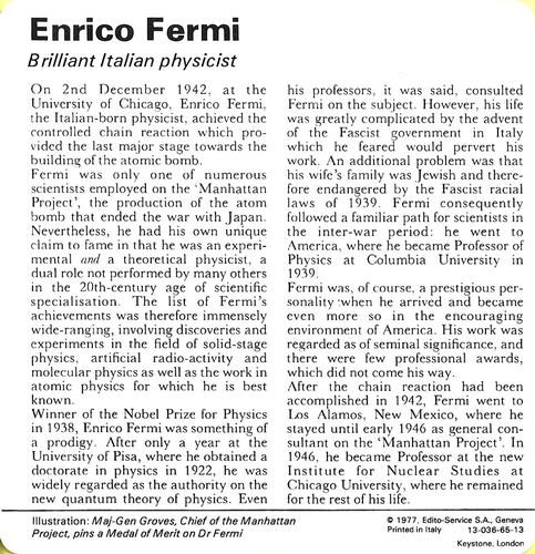 1977 Edito-Service World War II - Deck 65 #13-036-65-13 Enrico Fermi Back