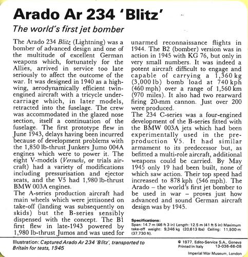 1977 Edito-Service World War II - Deck 66 #13-036-66-08 Arado Ar 234 'Blitz' Back