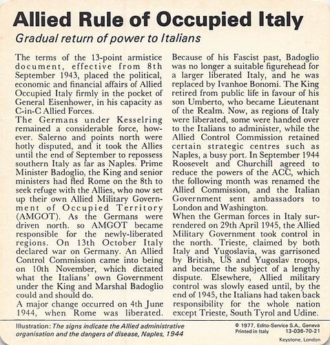 1977 Edito-Service World War II - Deck 70 #13-036-70-21 Allied Rule of Occupied Italy Back