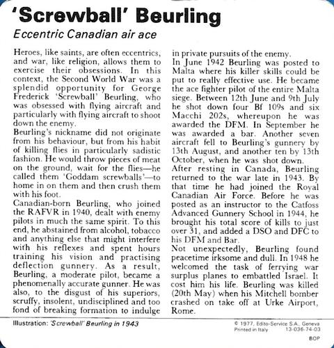 1977 Edito-Service World War II - Deck 74 #13-036-74-03 'Screwball' Beurling Back