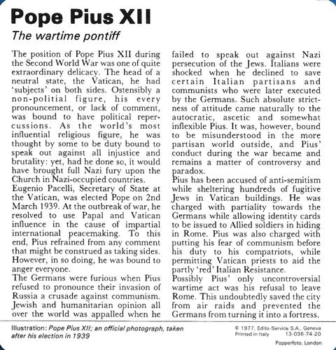 1977 Edito-Service World War II - Deck 74 #13-036-74-20 Pope Pius XII Back
