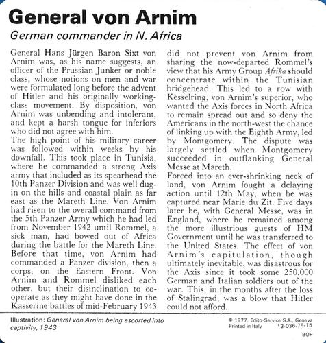 1977 Edito-Service World War II - Deck 75 #13-036-75-15 General von Arnim Back
