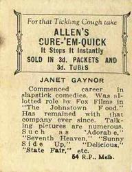 1933 Allen's Movie Stars #54 Janet Gaynor Back