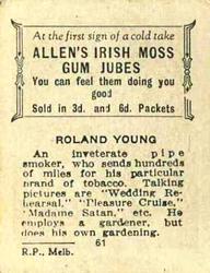 1933 Allen's Movie Stars #61 Roland Young Back