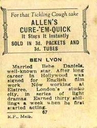 1933 Allen's Movie Stars #67 Ben Lyon Back