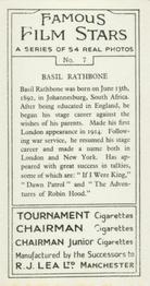 1939 R.J. Lea Famous Film Stars #7 Basil Rathbone Back