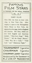 1939 R.J. Lea Famous Film Stars #10 Mary Ellis Back