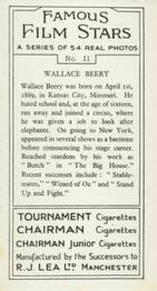 1939 R.J. Lea Famous Film Stars #11 Wallace Beery Back